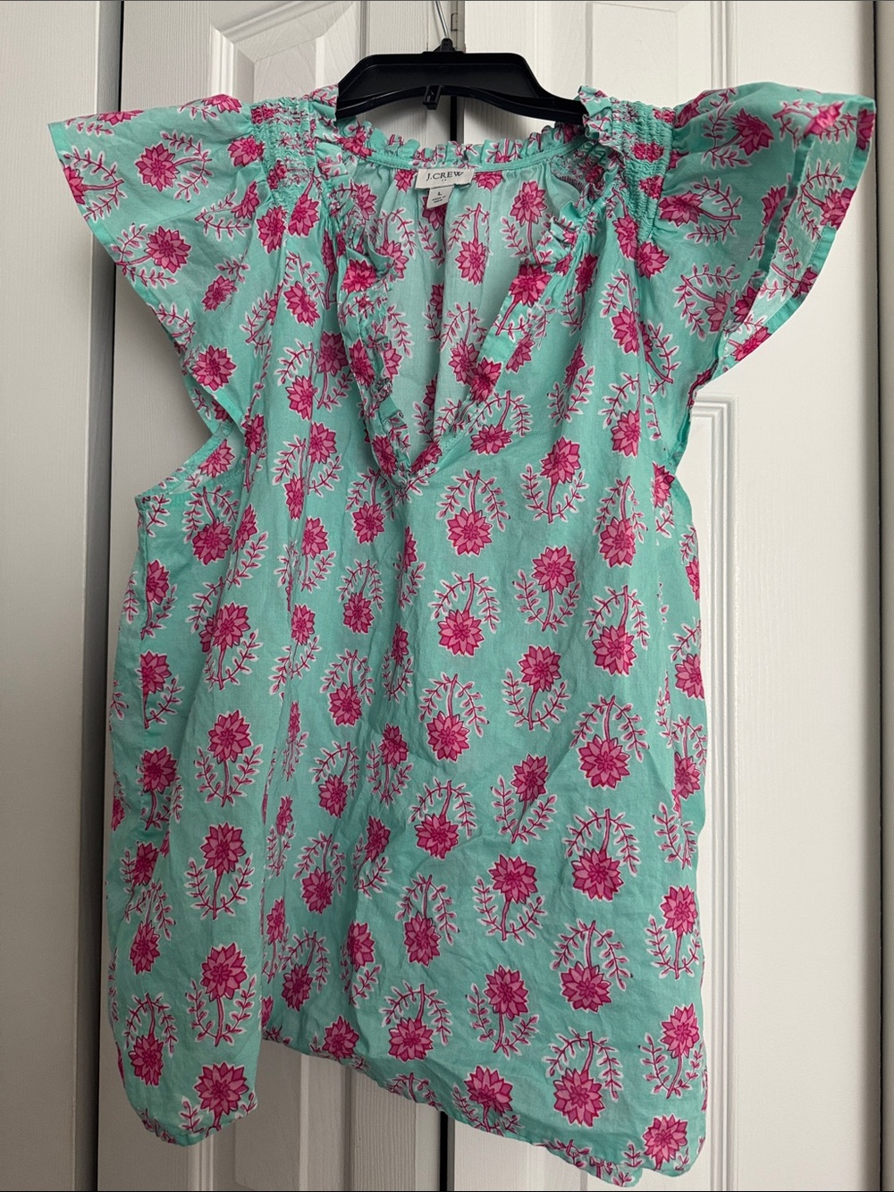 J. Crew Mint Floral Flutter-Sleeve Blouse with Pink Print